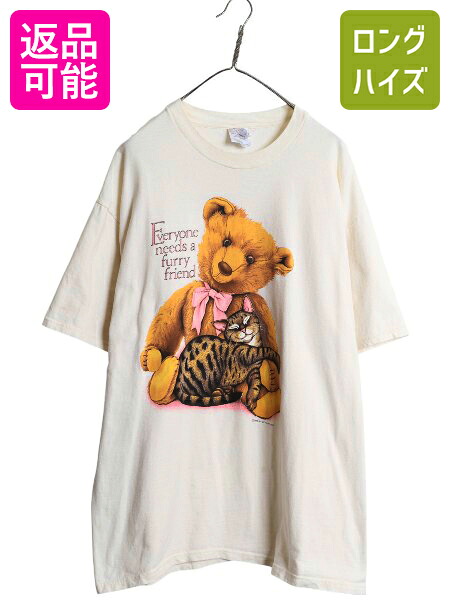 【4/8 最大半額セール×ポイント5倍】 90s USA製 テディベア ネコ イラスト プリント 半袖 Tシャツ メンズ レディース XL / オールド キャラクター ヘビーウェイト 大きいサイズ| 中古 90's 90年代 アメリカ製 アニマル 動物 ベア 猫 アート グラフィック 半袖Tシャツ プリ