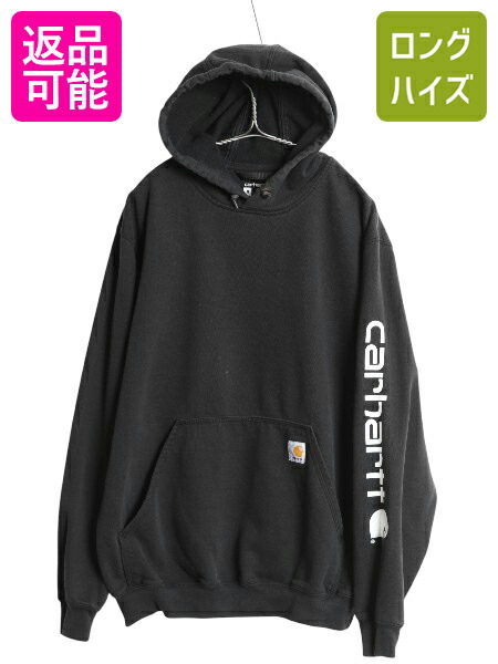 【4/15 25名様限定1000円OFFクーポン】 カーハート 袖 プリント スウェット フード パーカー メンズ M 古着 トレーナー 裏起毛 プルオーバー ミドルウェイト ブラック モノトーン| 中古 黒 スエット スウェットパーカー ロゴパーカー フードパーカー 袖プリント ロゴ刺繍 ゆ