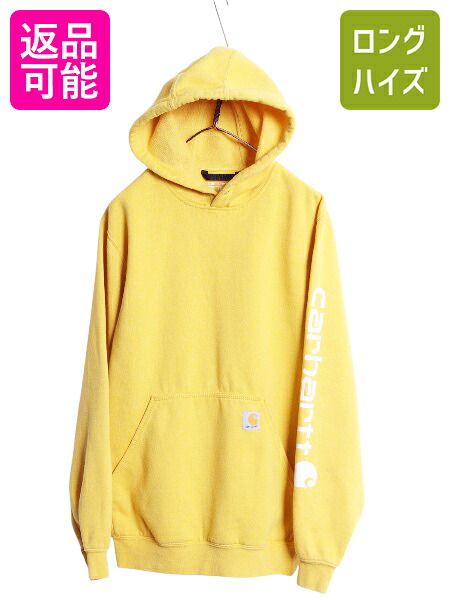 【7/24 400円OFFクーポン&times;ポイント5倍】 カーハート 袖 プリント スウェット フード パーカー メンズ S / 古着 トレーナー 裏起毛 プルオーバー ミドルウェイト シンプル イエロー| 中古 スエット スウェットパーカー ロゴパーカー フードパーカー 袖プリント ロゴ刺繍 ゆ｜古着ヴィンテージショップLong his