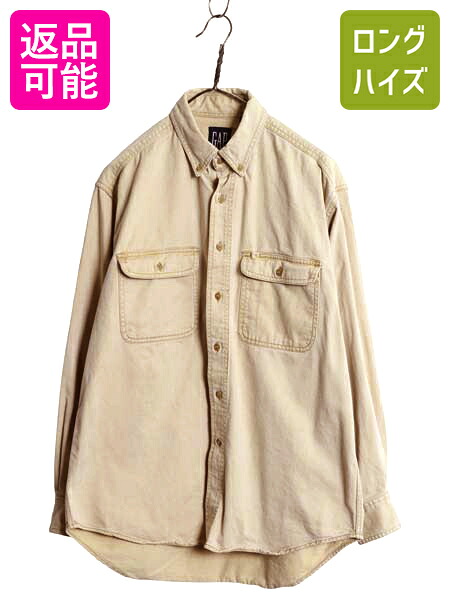 【4/8 最大半額セール×ポイント5倍】 90s オールド ギャップ 長袖 ボタンダウン シャツ メンズ M 紺タグ コットン キャンバス ヘビーウェイト 長袖シャツ 無地 デカタグ カーキ| 古着 中古 90's 90年代 OLD GAP ボタンダウンシャツ コットンシャツ BDシャツ カジュアルシャ