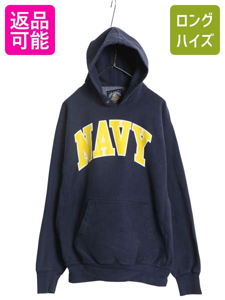 【4/8 最大半額セール×ポイント5倍】 00s US NAVY プリント スウェット フード パーカー メンズ M / オールド スティーブアンドバリーズ リバース タイプ トレーナー 裏起毛 紺| 古着 中古 00年代 STEVE&BARRY'S スエット ミリタリー 海軍 軍物 USN プルオーバー ヘビーウ