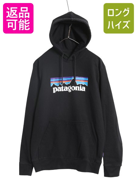 パタゴニア プリント スウェット フード パーカー メンズ M / 19年製 トレーナー ストレッチ プルオーバー ヘビーウェイト ブラック 裏起毛| 古着 中古 黒 Patagonia アウトドア スエット プリントパーカー ロゴパーカー フードパーカー P-6 アップライザル フィッツロイ