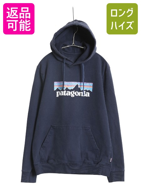 【4/15 25名様限定1000円OFFクーポン】 パタゴニア プリント スウェット フード パーカー メンズ M / 19年製 トレーナー ストレッチ 裏起毛 プルオーバー ヘビーウェイト ネイビー| 古着 中古 Patagonia アウトドア スエット プリントパーカー ロゴパーカー フードパーカー