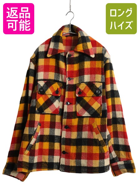 60s 古着 ウール ジャケット ブロックチェック ★Sサイズ 古着 60s Pendleton 黒青 ブロック チェック メルトン ウール シャツ