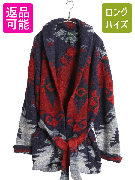 【4/7 最大半額セール×ポイント5倍】 00s ローレン ラルフローレン ショールカラー ネイティブ ニット ガウン メンズ レディース M / ポロ カーディガン セーター ハンドメイド| 古着 中古 90's 90年代 オールド POLO RALPH LAUREN ラム ウール ニットガウン ベルト付き 完 28,600円