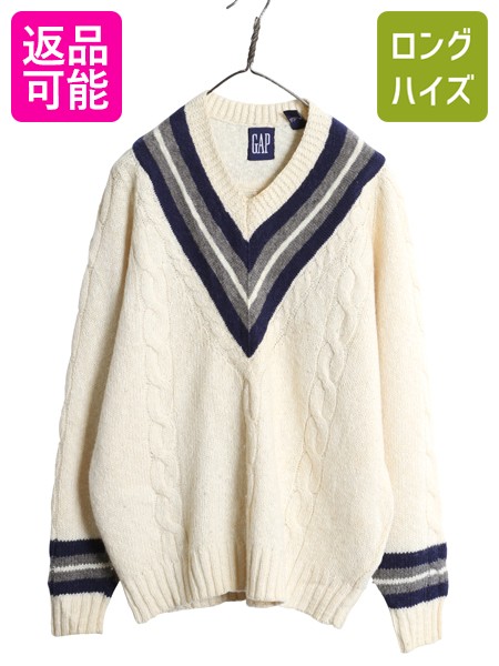 【4/18 ご愛顧感謝デーポイントUP!】 90s オールド ギャップ チルデン ケーブル ニット セーター メンズ М 古着 旧タグ Vネック ウール コットン シンプル トップス ナチュラル| 中古 90's 90年代 OLD GAP 紺タグ ニットセーター 長袖ニット 長袖セーター チルデンニット