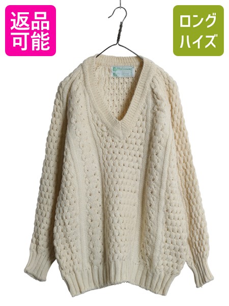 【7/24 400円OFFクーポン×ポイント5倍】 90s アイルランド製 Vネック フィッシャーマン ニット セーターメンズ XL / オールド ハンドメイド 手編み ローゲージ ウール 大きいサイズ| 古着 中古 90's 90年代 アラン ニットセーター 長袖ニット 長袖セーター フィッシャーマ|古着ヴィンテージショップLong his