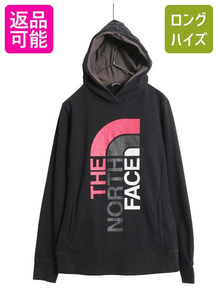 【4/20 48h777円OFFクーポン×P4倍】 ノースフェイス プリント スウェット フード パーカー レディース L / 古着 アウトドア 裏起毛 プルオーバー トレーナー ツートン ブラック| 中古 黒 The North Face ロゴ スエット スウェットパーカー プリントパーカー フードパーカー