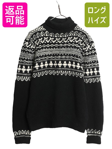 【4/18 ご愛顧感謝デーポイントUP!】 80s 90s ノルディック タートルネック ニット セーター メンズ M レディース L ヴィンテージ オールド ウール フェアアイル 黒 バーズアイ| 古着 中古 80年代 90年代 ビンテージ ブラック ホワイト ニットセーター ハイネック 長袖ニッ