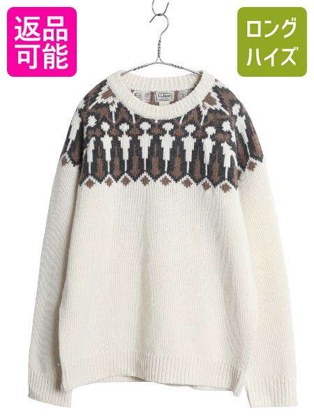 【4/18 ご愛顧感謝デーポイントUP!】 エルエルビーン ノルディック ニット セーター メンズ XL / アウトドア ラム ウール 丸ヨーク 求心柄 大きいサイズ 長袖ニット ナチュラル| 古着 中古 LLBEAN LLビーン ニットセーター 長袖セーター ウールニット ウールセーター 柄ニッ