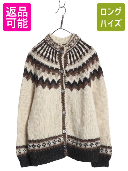 【4/9 最大半額セール×ポイント5倍】 70s 80s ノルディック ニット カーディガン レディース L 程/ 古着 ヴィンテージ ウール セーター ローゲージ 丸ヨーク 求心柄 総柄 前開き| 中古 70's 80's 70年代 80年代 ビンテージ モヘア 羽織り ニットカーディガン 長袖セーター