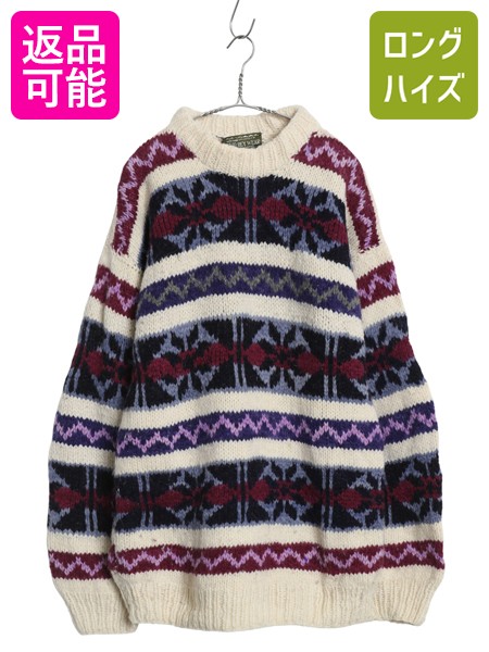 【7/24 400円OFFクーポン&times;ポイント5倍】 80s 90s エクアドル製 RAY WEAR ウール ニット セーター メンズ L レディース XL 程 総柄 オールド ヴィンテージ ハンドメイド ローゲージ| 古着 中古 80年代 90年代 ビンテージ ニットセーター デザインニット エクアドルニット 長｜古着ヴィンテージショップLong his