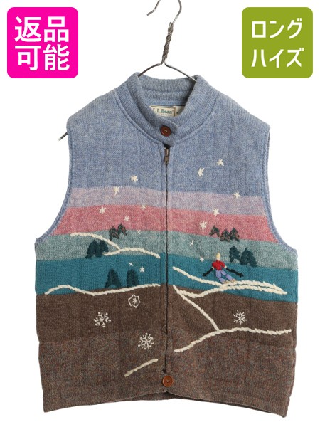 【4/15 25名様限定1000円OFFクーポン】 80s エルエルビーン フルジップ 中綿 ウール ニット ベスト レディース S ヴィンテージ セーター ノルディック スキー 絵柄 ハンドステッチ| 古着 中古 80年代 ビンテージ LLBEAN LLビーン アウトドア 総柄 ハイネック ニットベスト