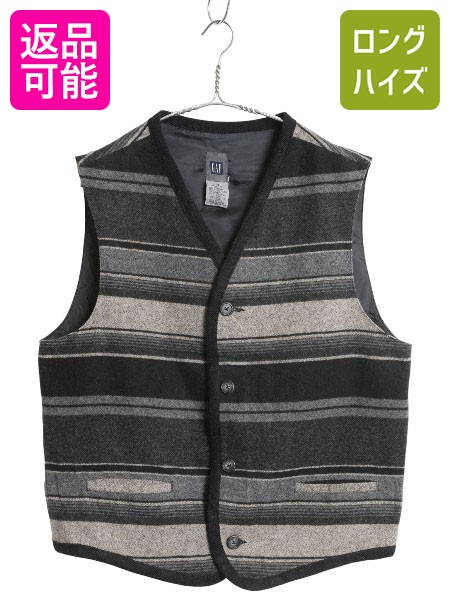 【4/9 最大半額セール×ポイント5倍】 00s オールド ギャップ ネイティブ ボーダー ラグ ベスト メンズ M 古着 ウール 前開き 重ね着 ポケット付き ノースリーブ ブランケット 黒| 中古 00\'s 00年代 ブラック OLD GAP ウールベスト ラグベスト ライナー付き ジレ シンプル