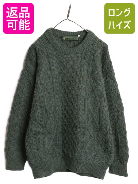 【7/24 400円OFFクーポン×ポイント5倍】 アイルランド製 フィッシャーマン ウール ニット セーター メンズ S / ケーブル アラン ローゲージ シンプル 無地 クルーネック グリーン| 古着 中古 ニットセーター 長袖ニット 長袖セーター フィッシャーマンニット アランニット|古着ヴィンテージショップLong his