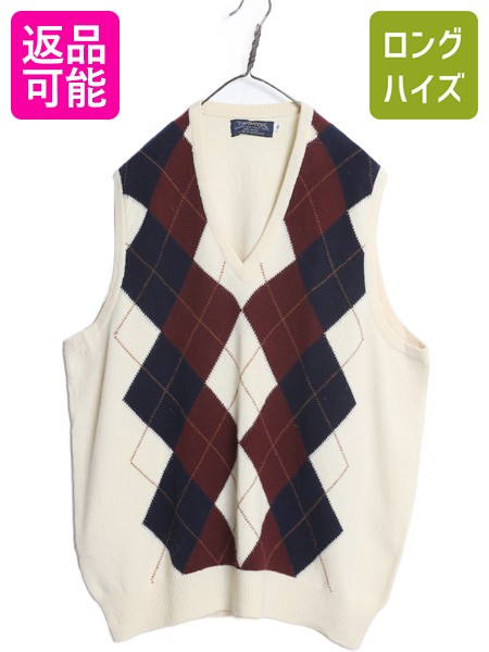 【4/15 25名様限定1000円OFFクーポン】 80s スコットランド製 バーバリー アーガイル ニット ベスト メンズ XL 程/ 旧タグ ヴィンテージ ウール セーター Vネック 大きいサイズ| 古着 中古 80's 80年代 Burberrys 3都市 ビンテージ 重ね着 総柄 ニットベスト ノースリーブ