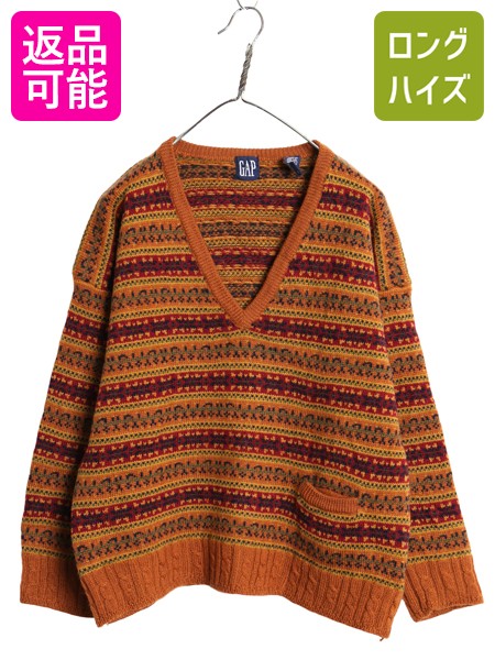 【7/22 400円OFFクーポン&times;ポイント5倍】 90s オールド ギャップ Vネック ニット セーター レディース L / 古着 ウール ポケット付き フェアアイル 総柄 マルチカラー ミドルゲージ| 中古 90's 90年代 OLD GAP ニットセーター 長袖ニット 長袖セーター ウールニット ウール｜古着ヴィンテージショップLong his