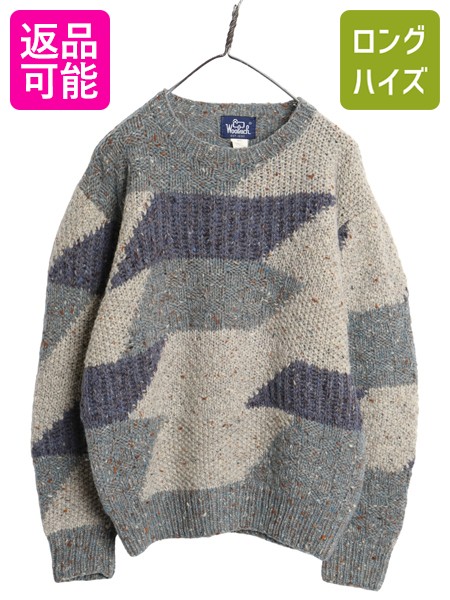 【4/15 25名様限定1000円OFFクーポン】 80s ウールリッチ デザイン ニット セーター メンズ M / ヴィンテージ 紺タグ ウール 総柄 クルーネック ローゲージ マルチカラー 旧タグ| 古着 中古 80's 80年代 ビンテージ Woolrich ニットセーター 長袖ニット 長袖セーター ウール