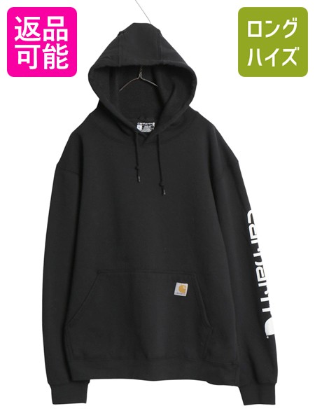 【4/18 ご愛顧感謝デーポイントUP!】 カーハート スウェット フード パーカー メンズ L 古着 袖 ロゴ プリント トレーナー 裏起毛 プルオーバー ミドルウェイト ワンポイント 黒| 中古 ブラック CARHARTT スエット スウェットパーカー ロゴパーカー フードパーカー フーディ