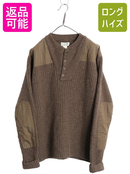 【4/18 ご愛顧感謝デーポイントUP!】 00s エルエルビーン コマンド ニット セーター メンズ XL / リブ編み メリノ ラム ウール ヘンリーネック エルボーパッチ 大きいサイズ 茶| 古着 中古 00年代 オールド アウトドア LLBEAN LLビーン コマンドセーター ニットセーター 長