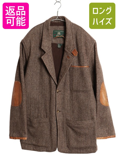 【4/9 最大半額セール×ポイント5倍】 90s オービス ツイード ハンティング ジャケット メンズ L / オールド アウトドア ウール テーラード ブレザー 本革 レザー エルボーパッチ| 古着 中古 90年代 ORVIS テーラードジャケット スポーツジャケット ハンティングジャケット