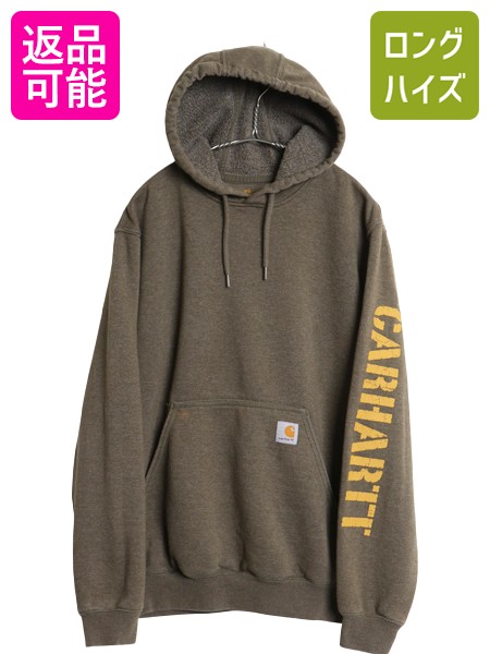 【7/22 400円OFFクーポン&times;ポイント5倍】 US企画 カーハート スウェット フード パーカー メンズ S / 袖 ロゴ プリント トレーナー 裏起毛 プルオーバー ミドルウェイト カーキ モス| 中古 日本未発売 CARHARTT スエット スウェットパーカー ロゴパーカー フードパーカー フ｜古着ヴィンテージショップLong his