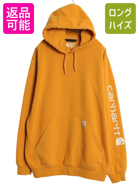【4/18 ご愛顧感謝デーポイントUP!】 カーハート スウェット フード パーカー メンズ XL / 袖 ロゴ プリント トレーナー 裏起毛 ミドルウェイト 大きいサイズ ワーク マスタード| 古着 中古 CARHARTT プルオーバー スエット スウェットパーカー ロゴパーカー フードパーカー