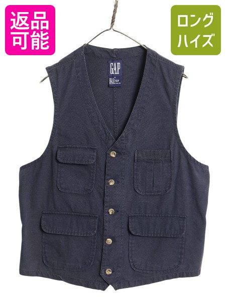 【4/9 最大半額セール×ポイント5倍】 90s オールド ギャップ ワーク ベスト メンズ M / コットン キャンバス テーラード ガチャポケ ノースリーブ 前開き 重ね着 薄手 紺 無地| 古着 中古 90’s 90年代 OLD GAP 紺タグ デカタグ ワークベスト コットンベスト テーラードベ