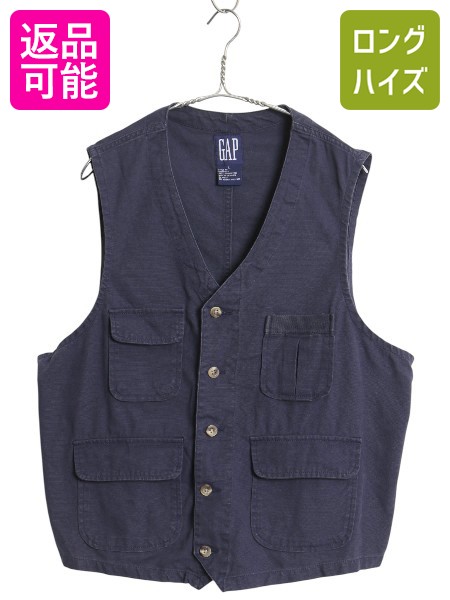 【4/9 最大半額セール×ポイント5倍】 90s オールド ギャップ ワーク ベスト メンズ L / コットン キャンバス テーラード ガチャポケ ノースリーブ 前開き 重ね着 薄手 紺 無地| 古着 中古 90’s 90年代 OLD GAP 紺タグ デカタグ ワークベスト コットンベスト テーラードベ