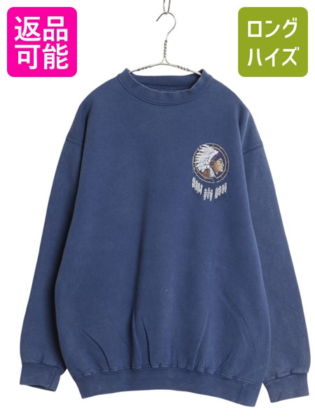 【4/9 最大半額セール×ポイント5倍】 90's USA製 セントジョンズベイ 両面 プリント スウェット メンズ M / オールド トレーナー 裏起毛 インディアンヘッド ネイティブ 厚手 青| 古着 中古 90s 90年代 ST JOHN'S BAY アメリカ製 ヘビーウェイト プリントスウェット バック