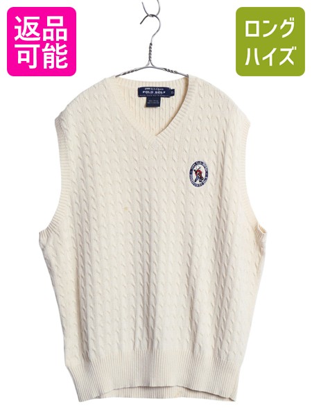 【4/9 最大半額セール×ポイント5倍】 90s ポロゴルフ ラルフローレン Vネック ケーブル ニット ベスト メンズ XL / オールド コットン 大きいサイズ ナチュラル USオープン 限定| 古着 中古 90年代 POLO RALPH LAUREN US 1999 OPEN ゴルフ 限定モデル ニットベスト コット