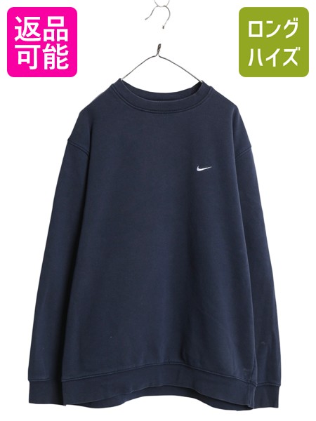 【4/18 ご愛顧感謝デーポイントUP!】 00s ナイキ スモール スウォッシュ 刺繍 スウェット メンズ XL / オールド 裏起毛 トレーナー クルーネック ワンポイント 大きいサイズ 紺| 古着 中古 90's 90年代 NIKE スエット ロゴスウェット スウェットシャツ スウォッシュ ロゴ シ