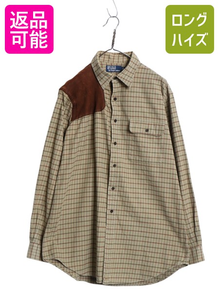 【4/9 最大半額セール×ポイント5倍】 90s ポロ ラルフローレン チェック 長袖 フランネル シャツ メンズ L 古着 オールド ネルシャツ 本革 レザー ハンティング シューティング | 中古 90’s 90年代 POLO RALPH LAUREN 長袖シャツ ミドルウェイト フランネルシャツ ネル チ