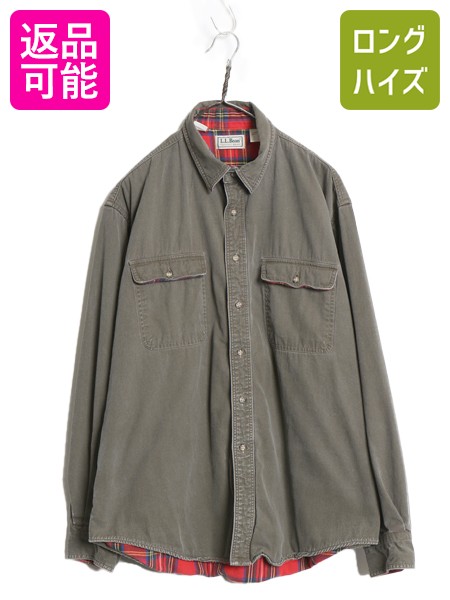 【4/8 最大半額セール×ポイント5倍】 90s USA製 エルエルビーン コットン ツイル 長袖 シャツ メンズ L / 古着 オールド チェック フランネル ライナー付き ジャケット カーキ| 中古 90年代 LLBEAN LLビーン アメリカ製 ビンテージ アウトドア 長袖シャツ シャツジャケット