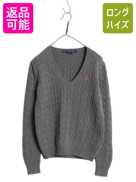 【4/12 24h限定777円OFFクーポン!】 ラルフローレン Vネック コットン ケーブル ニット セーター レディース L / ポロ スポーツ 長袖ニット ワンポイント シンプル きれいめ 灰| 古着 中古 POLO RALPH LAUREN SPORT ニットセーター 長袖セーター ケーブルニット コットンニ
