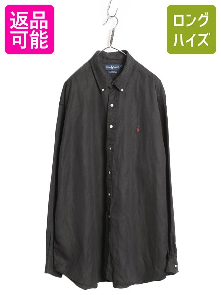 【4/16 マラソン限定クーポン×P5倍!】 90s ラルフローレン 長袖 ボタンダウン シャツ メンズ XXL / オールド ポロ リネン シルク 長袖シャツ ワンポイント 大きいサイズ 黒 無地| 古着 中古 ブラック 2XL 90年代 POLO RALPH LAUREN カジュアルシャツ ボタンダウンシャツ リ