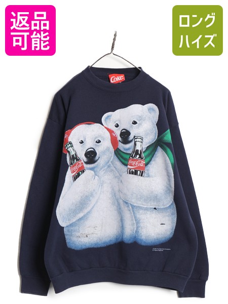 【4/12 24h限定777円OFFクーポン!】 90s USA製 コカコーラ 両面 プリント スウェット メンズ XL オールド イラスト キャラクター シロクマ トレーナー 大きいサイズ 企業物 紺| 古着 中古 90's 90年代 Coca Cola コーラ オフィシャル アート 裏起毛 クルーネック スエット
