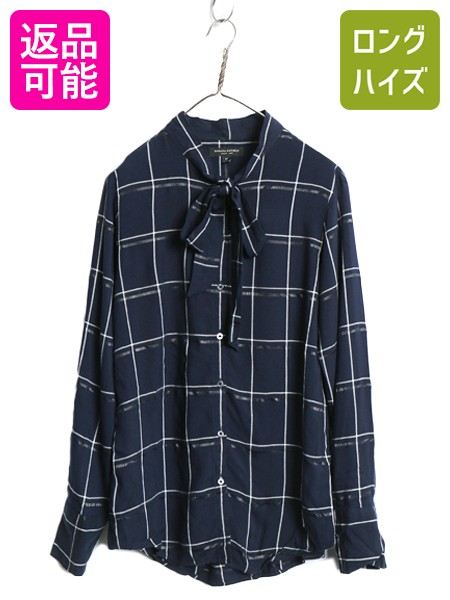 00s バナナリパブリック チェック リボンタイ 長袖 シャツ レディース M / ボウタイ ブラウス レーヨン スタンドカラー 高級 上品 きれいめ| 古着 中古 00's 00年代 BANANA REPUBLIC 長袖シャツ 長袖ブラウス ボウタイブラス チェックシャツ レーヨンシャツ 長袖ブラウス 紺