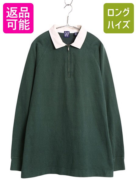 【7/22 400円OFFクーポン&times;ポイント5倍】 90s オールド ギャップ ハーフジップ 長袖 ラガー シャツ メンズ L 古着 オールド ラグビー 長袖シャツ ポロシャツ 無地 ボックス グリーン| 中古 90's 90年代 OLD GAP 紺タグ ラグビーシャツ ラガー 長袖ポロシャツ 長袖ポロ カッ｜古着ヴィンテージショップLong his