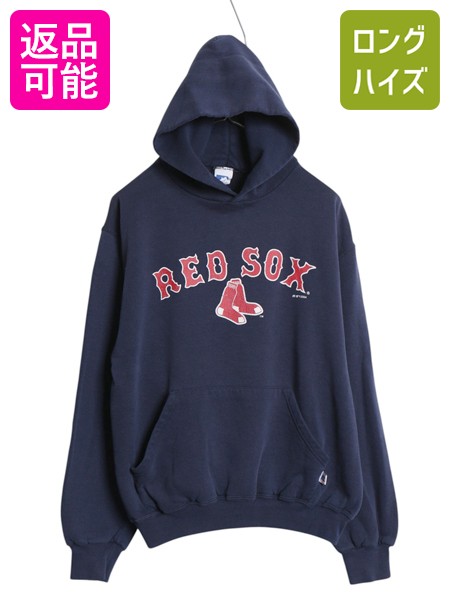 【4/8 最大半額セール×ポイント5倍】 00s レッドソックス プリント スウェット フード パーカー メンズ M オールド MLB 大リーグ オフィシャル ラッセル 裏起毛 プルオーバー 紺| 古着 中古 00年代 RUSSELL メジャーリーグ 野球 トレーナー スエット フードパーカー スウェ
