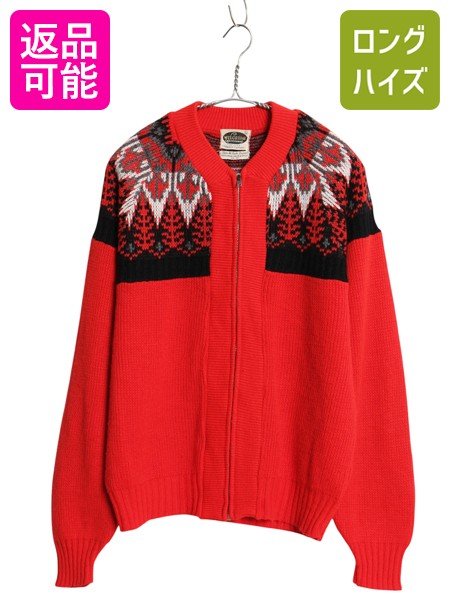 【4/15 25名様限定1000円OFFクーポン】 60s 70s USA製 ★ Welgrume フルジップ アクリル ニット カーディガン メンズ L / ヴィンテージ ノルディック 総柄 セーター ジャケット 赤| 中古 60's 60年代 70's 70年代 ビンテージ アメリカ製 前開き ニットセーター ニットカーデ