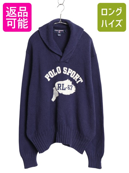 90s ポロスポーツ ラルフローレン ショールカラー コットン ニット セーター メンズ XXL / オールド ポロ ウイングフット フェルト パッチ| 古着 中古 90’s 90年代大きいサイズ POLO SPORT RALPH LAUREN プルオーバー ニットセーター 長袖ニット 長袖セーター ネイビー