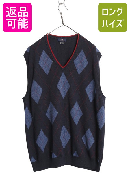 ブルックスブラザーズ アーガイル ニット ベスト メンズ XL / コットン カシミヤ Vネック セーター 重ね着 プルオーバー 大きいサイズ 薄手| 古着 中古 Brooks Brothers 346 カシミア ニットベスト コットンベスト ノースリーブ ハイゲージ ジレ トラッド アメカジ ネイビー 7,520円