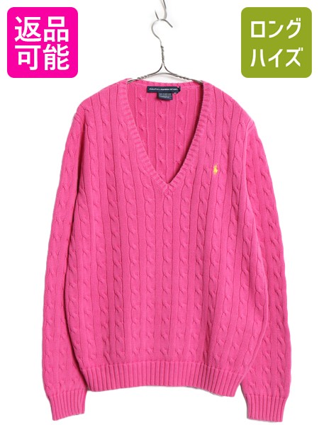 【4/12 24h限定777円OFFクーポン!】 ラルフローレン Vネック コットン ケーブル ニット セーター レディース XL / ポロ スポーツ 長袖ニット ワンポイント 大きいサイズ ピンク| 古着 中古 POLO RALPH LAUREN SPORT ニットセーター 長袖セーター ケーブルニット シンプル き
