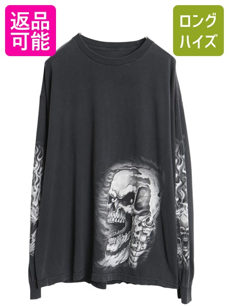 00s スカル イラスト プリント 長袖 Tシャツ メンズ L 程/ オールド ロンT ファイヤー アート グラフィック 袖プリント ヘビーウェイト 黒| 古着 中古 ブラック 00&rsquo;s 00年代 長袖Tシャツ プリントT プリントTシャツ ロングTシャツ ロングスリーブ カットソー クルーネック｜古着ヴィンテージショップLong his