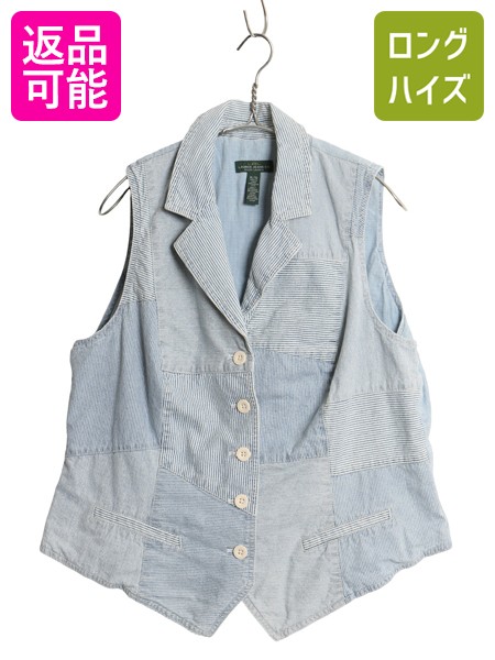 【7/25 48h限定10%OFFクーポン!】 00s ラルフローレン ジーンズ パッチワーク テーラード ベスト レディース XL オールド ポロ コットン シャンブレー ヒッコリー ストライプ| 古着 中古 00年代 大きいサイズ POLO RALPH LAUREN JEANS Co テーラードベスト クレイジー パタ｜古着ヴィンテージショップLong his