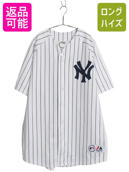 【7/25 48h限定10%OFFクーポン!】 ヤンキース ベースボール シャツ メンズ XL / MLB オフィシャル マジェスティック 大リーグ ユニフォーム 大きいサイズ 重ね着 半袖シャツ| 古着 中古 Majestic メジャーリーグ 野球 ジャージ ゲームシャツ 前開き ユニホーム ストライプ｜古着ヴィンテージショップLong his 8,360円