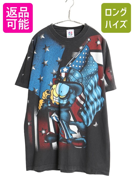 【7/30 24h限定777円OFFクーポン!】 90s USA製 ガーフィールド オーバー プリント Tシャツ メンズ L オールド シングルステッチ キャラクター 星条旗 ヘビーウェイト ブラック| 古着 中古 90年代 90's 黒 アメリカ製 米国製 GARFIELD 半袖Tシャツ プリントTシャツ プリントT｜古着ヴィンテージショップLong his