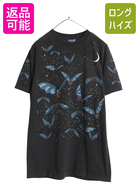 【7/30 24h限定777円OFFクーポン!】 90s USA製 コウモリ オールオーバー イラスト プリント 半袖 Tシャツ メンズ M / オールド アート グラフィック 総柄 シングルステッチ 黒| 古着 中古 ブラック 90年代 アメリカ製 当時物 キャラクター 半袖Tシャツ プリントTシャツ ヘビ｜古着ヴィンテージショップLong his