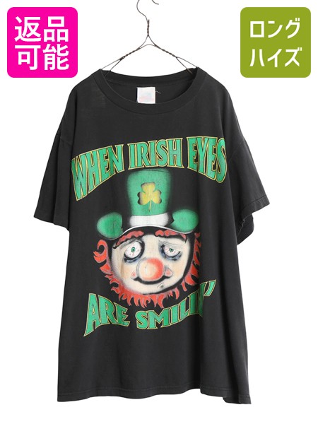 【7/22 400円OFFクーポン×ポイント5倍】 90s ★ アイリッシュ ジョーク イラスト プリント Tシャツ メンズ XL 古着 オールド シングルステッチ キャラクター 大きいサイズ ブラック| 中古 90年代 90's 黒 グラフィック キャラ 半袖Tシャツ プリントTシャツ プリントT クル|古着ヴィンテージショップLong his
